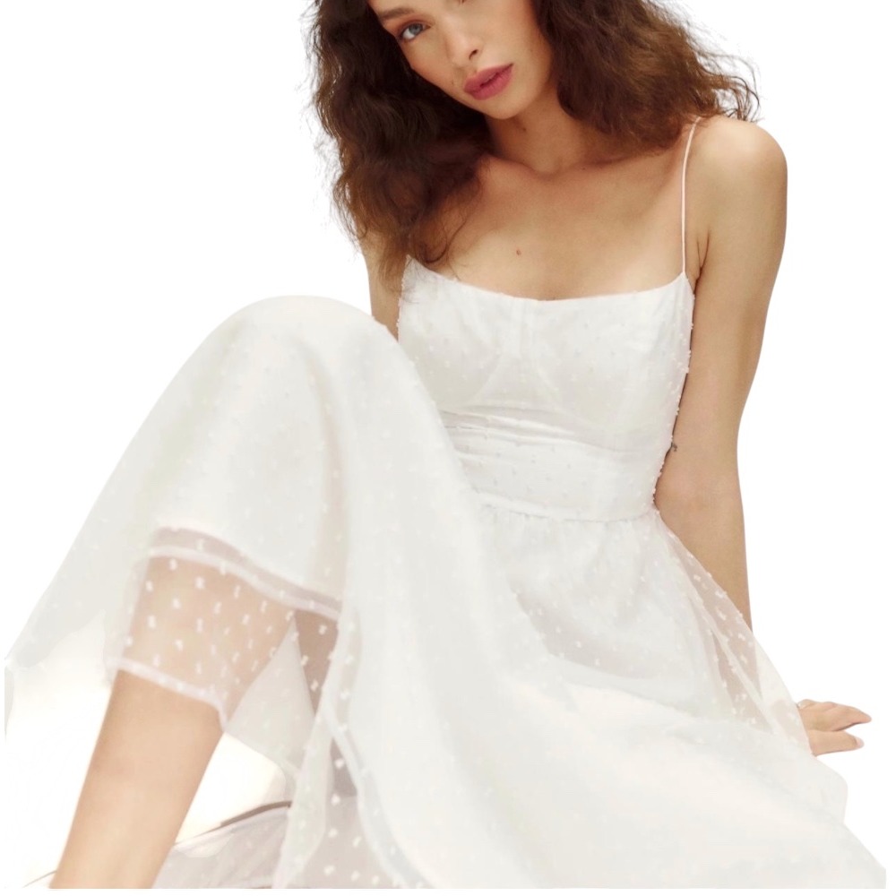 Reformation Midi Dress Womens 8 White Swiss Dot Tulle Ethereal Romantic Fairy